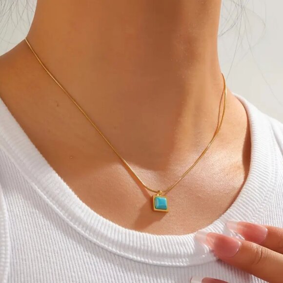 14K Gold Womens Small Square Turquoise Pendant Necklace New 14 K Silver Jewelry - Picture 1 of 7